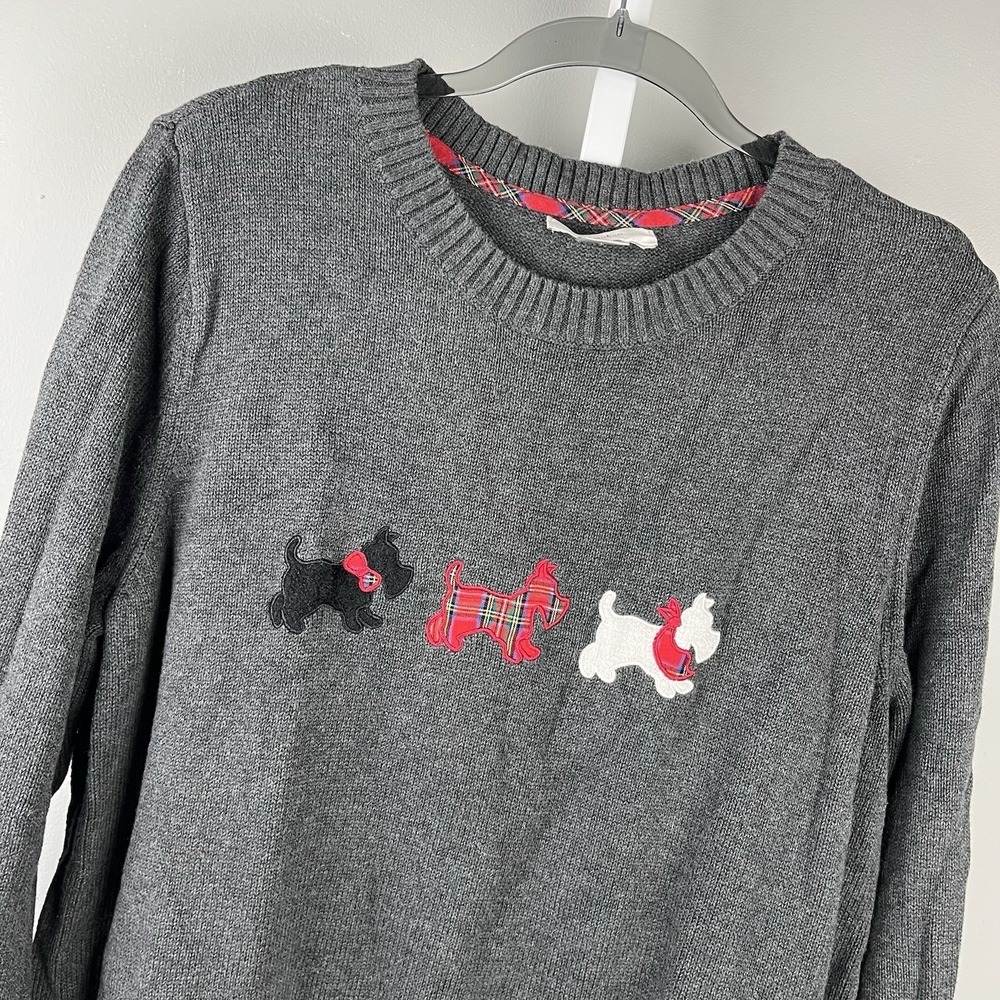 CJ Banks Scottie Dog Christmas Sweater Womens 1X Appliqué Gray 100% Cotton